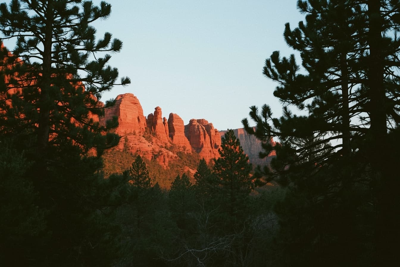 Red rock buttes glowing through dark ponderosa pines at golden hour — the Homegrown imagery reference