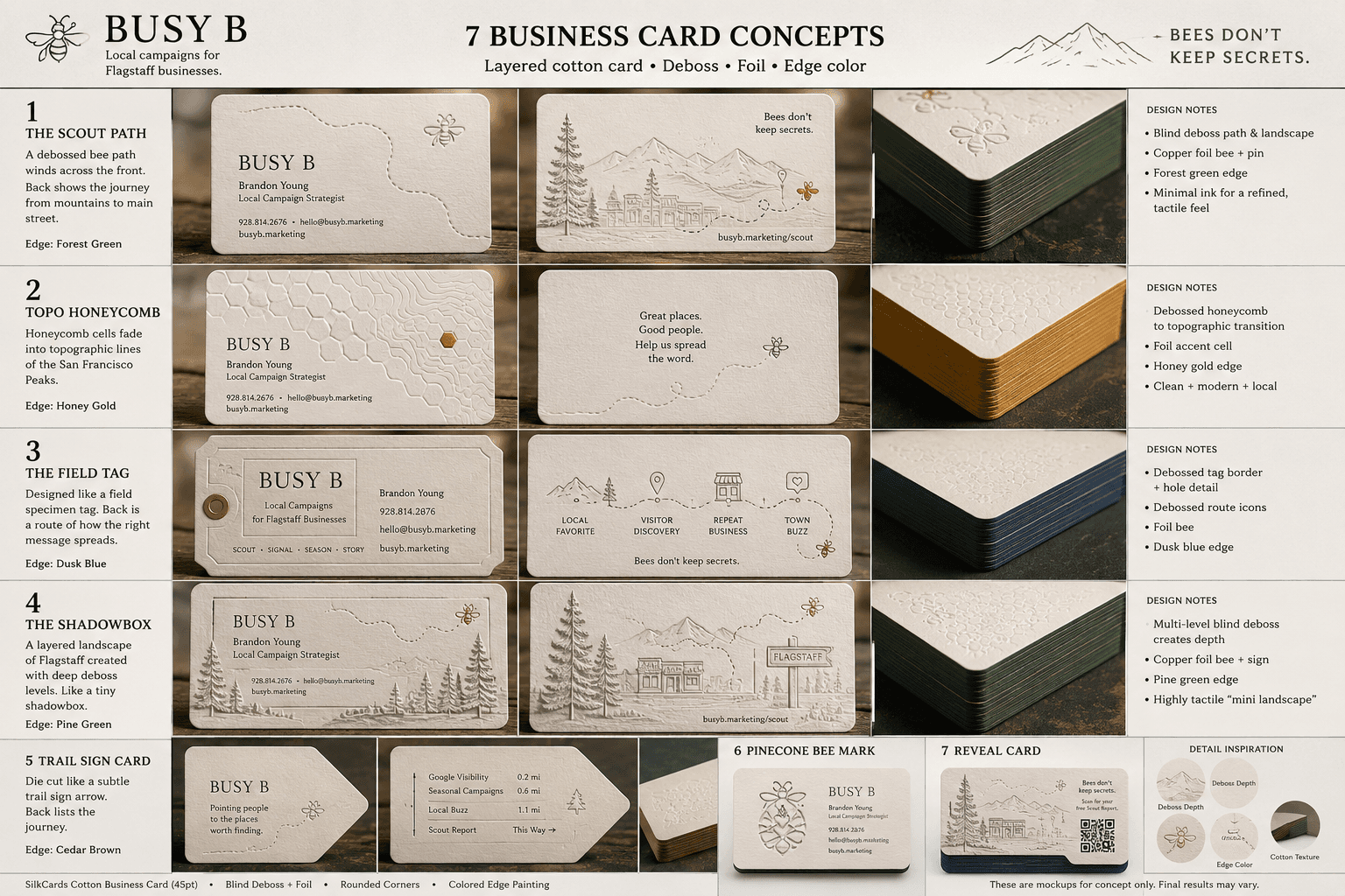 Board one: seven cotton business card concepts — Scout Path, Topo Honeycomb, Field Tag, Shadowbox, Trail Sign Card, Pinecone Bee Mark, Reveal Card — with deboss, foil, and colored-edge details