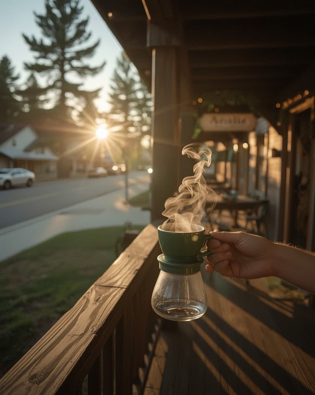 Mock Instagram reel: the first pour of coffee at dawn on The Pinecone's porch, morning light down the street